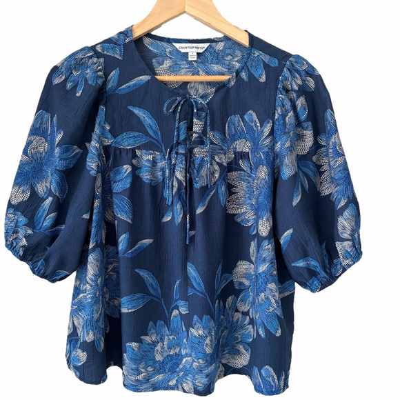 Counterparts Tops - Counterparts Size S Navy Blue Floral Pull Over Blouse Rayon Blend Casual Career